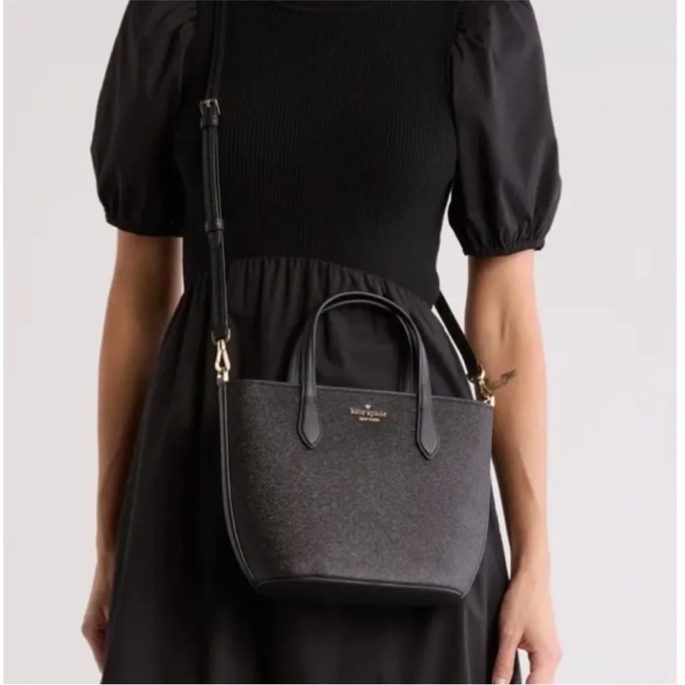 Kate Spade NWT Black Leather Shimmer Removable Crossbody Strap Satchel Tote Bag